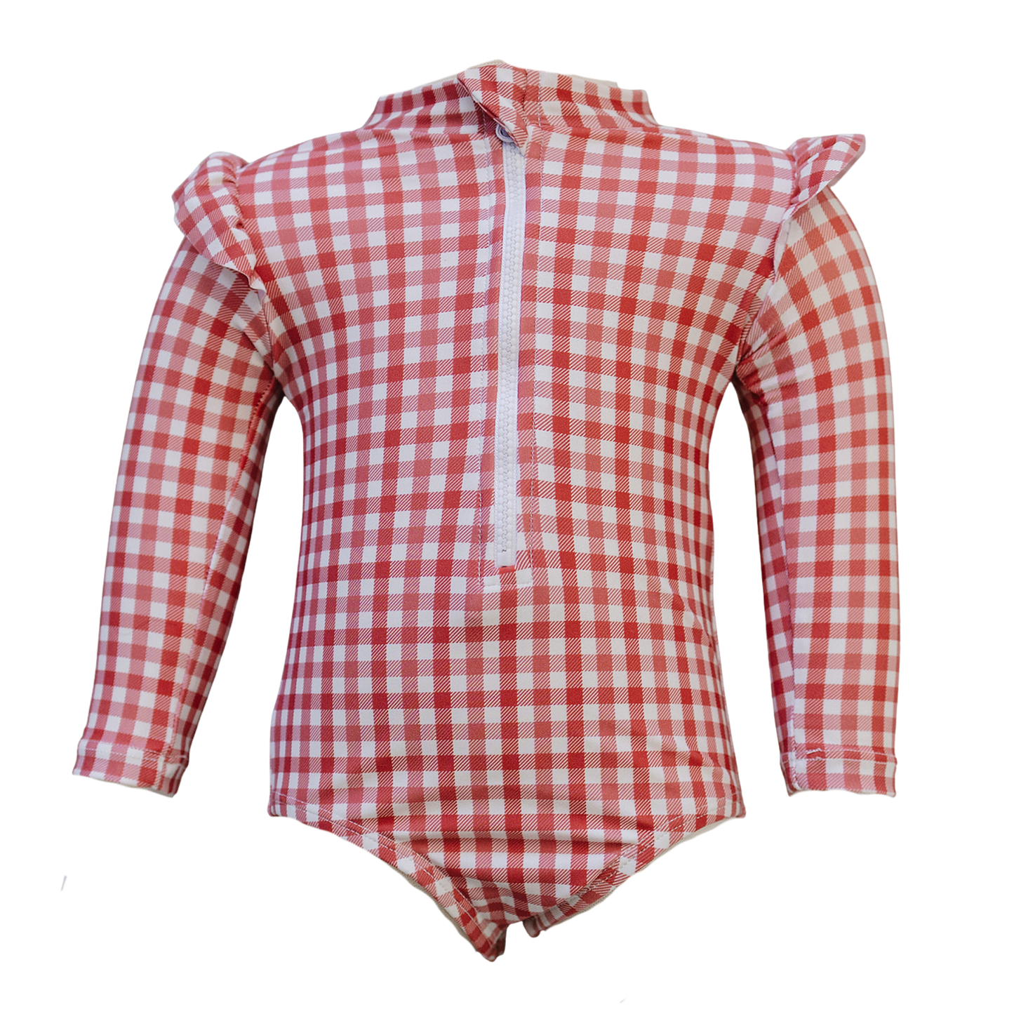 Gingham Long Sleeve Ruffle Zipper One-Piece