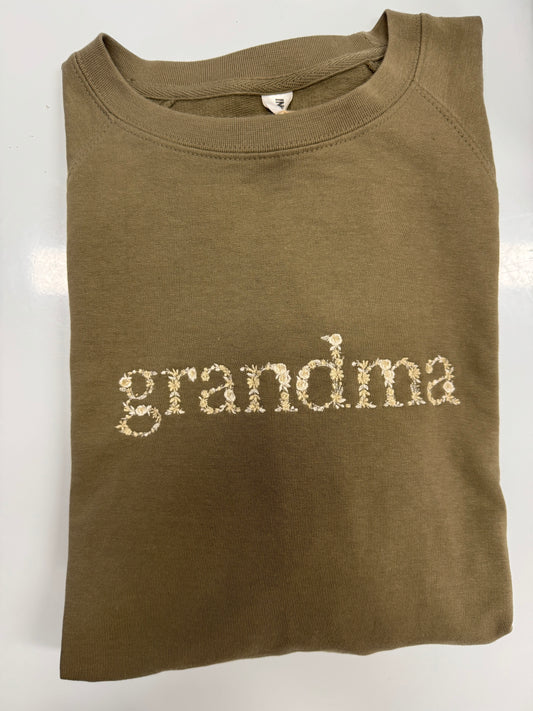 grandma Floral | XXL | multi-cream thread | thinner olive crewneck