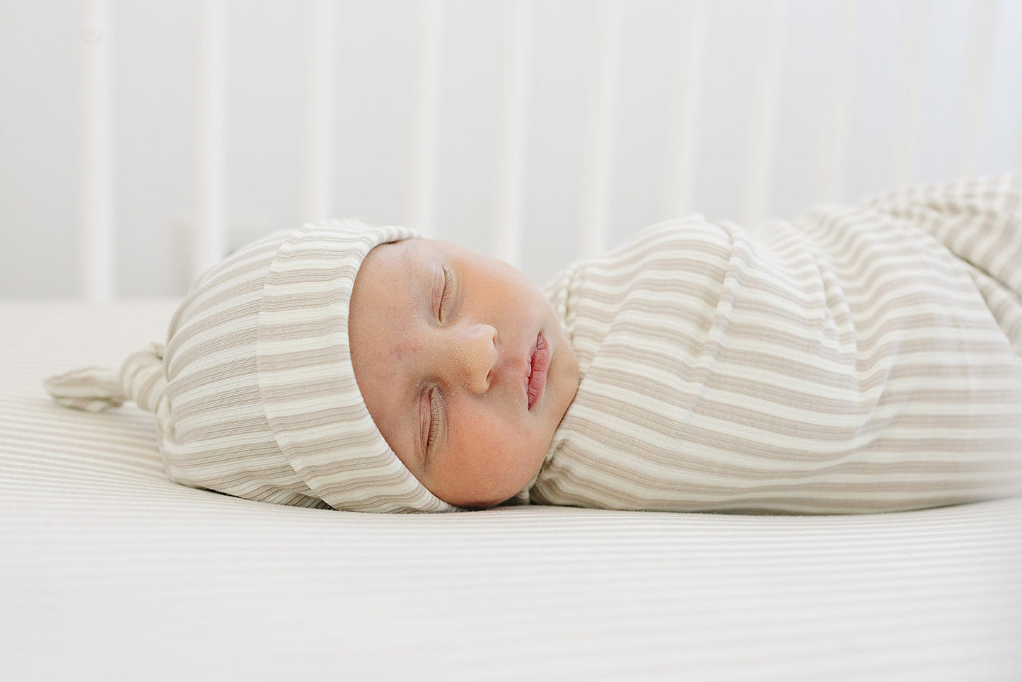 Taupe Stripe Ribbed Bamboo Newborn Knot Hat