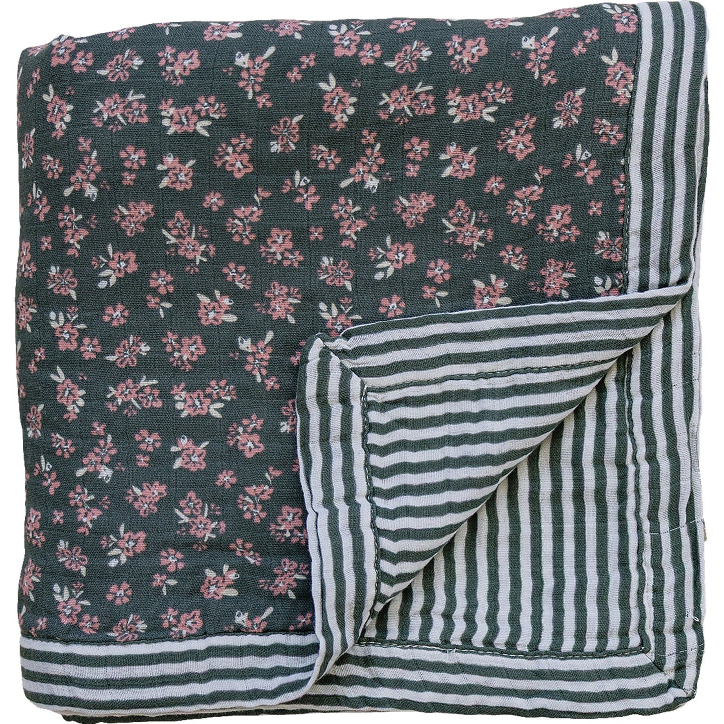 Olive Bloom + Green Stripes Muslin Quilt